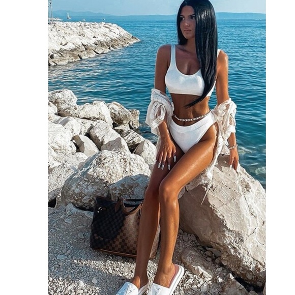 White Rib Knit High Waist 2 Piece Bikini Set - Picture 12 of 16